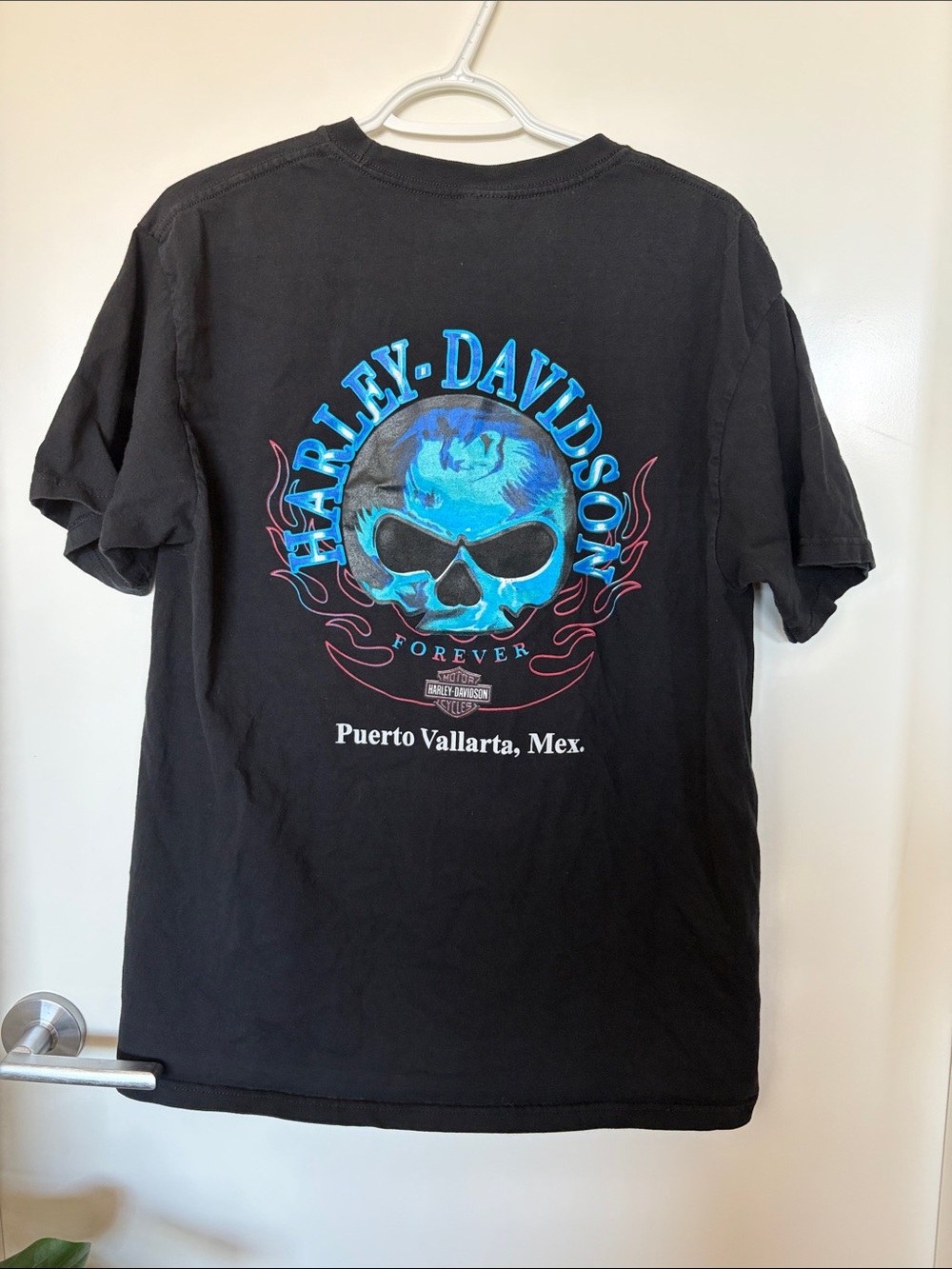 Harley-Davidson Black Tee with Blue Skull and Red Flame Accents